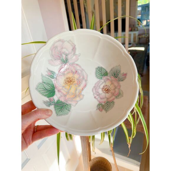 Vintage Ceramic Italian Pottery Pasta Bowl Pink Floral Design Pastels Himark - Picture 4 of 4